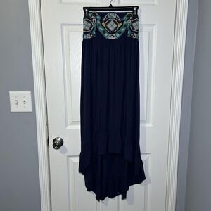 THML Dress Women's Large Blue Embroidered Geometric Strapless High Low Boho